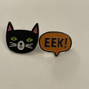 Set Of 2 Halloween Pins Black Cat Eek H15